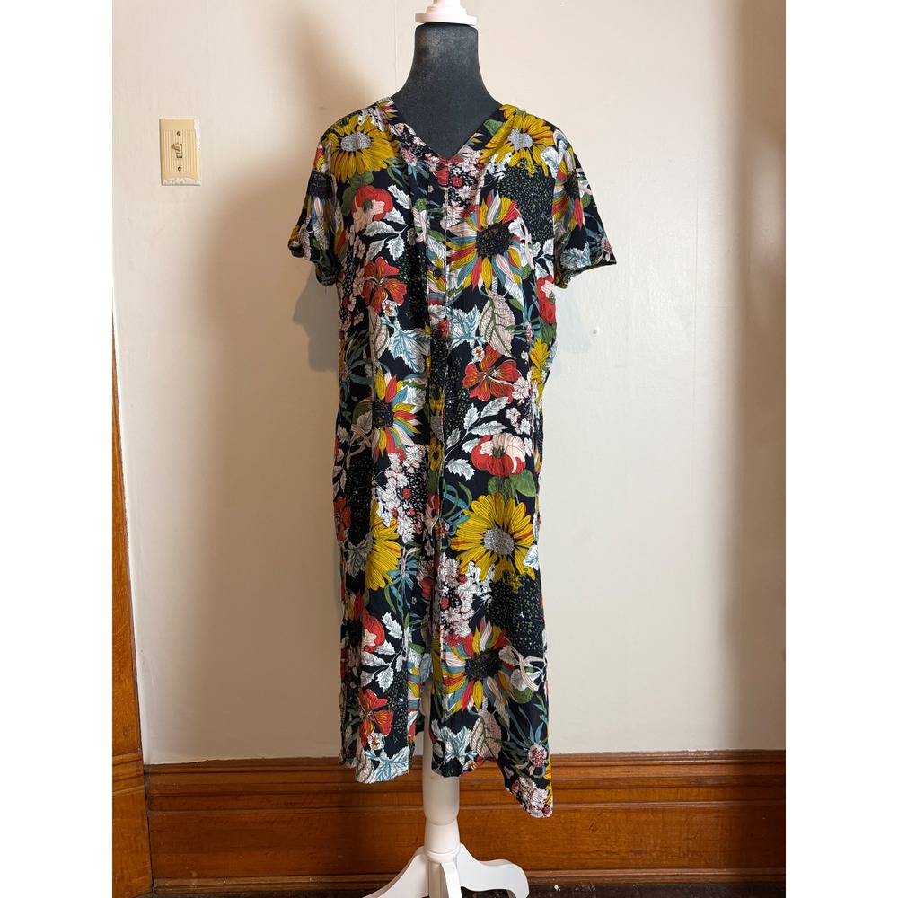Floral Sunflower Button Front Open Back Midi Dress rayon euro summer retro boxy